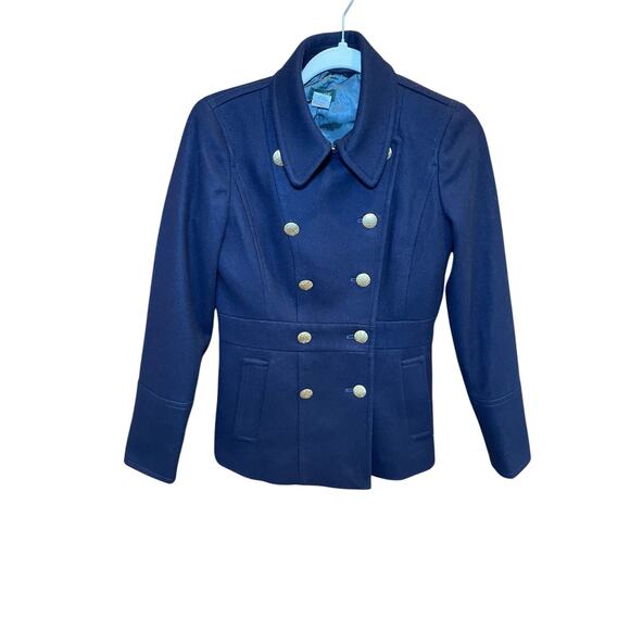 J. Crew Women 0 Navy Blue Preppy Large Gold Button Wool Pea Coat Classic Vintage - Picture 4 of 11
